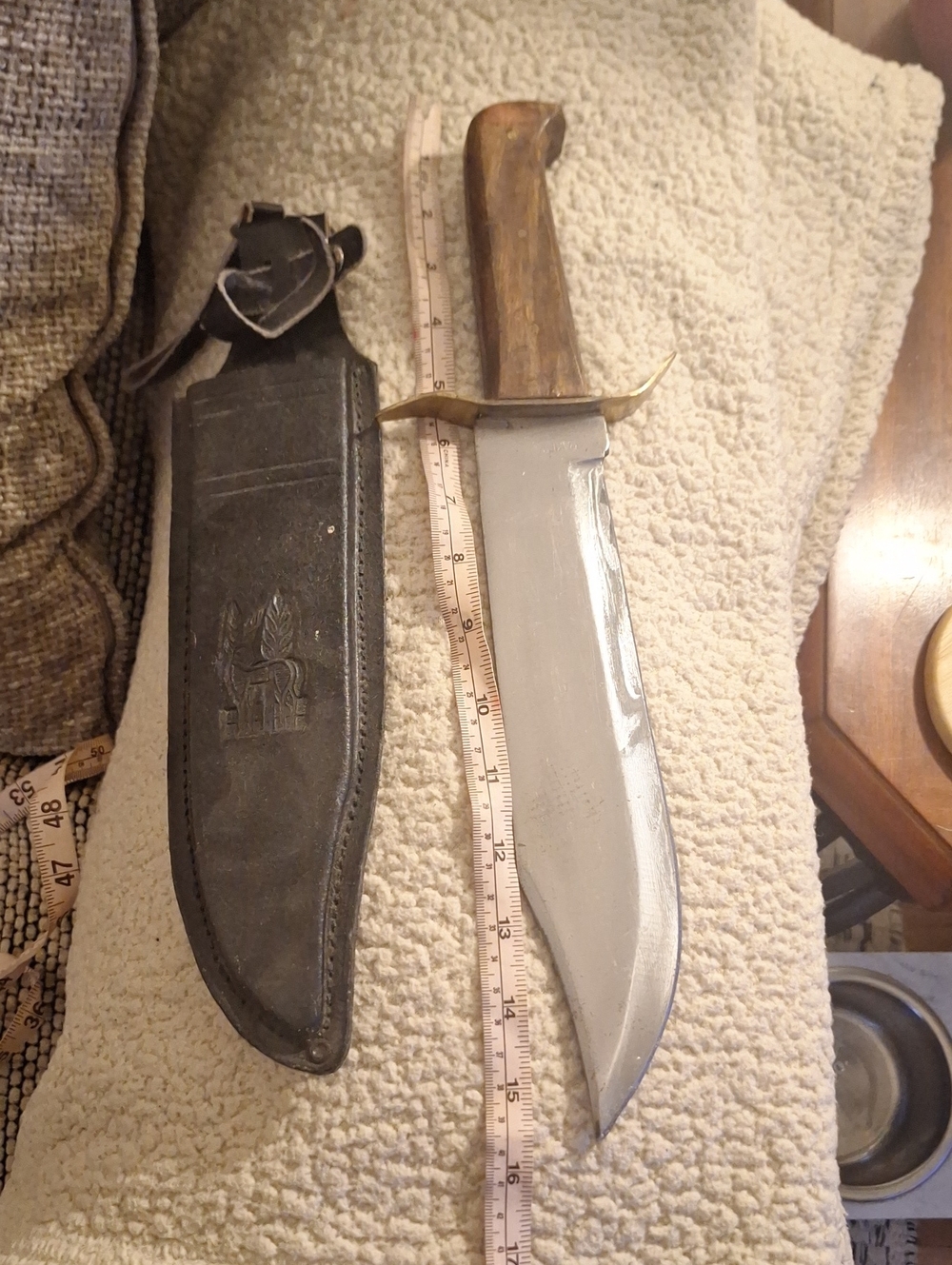 Source Unknown Brown Wood Handle Bowie Knife with Black Sheath